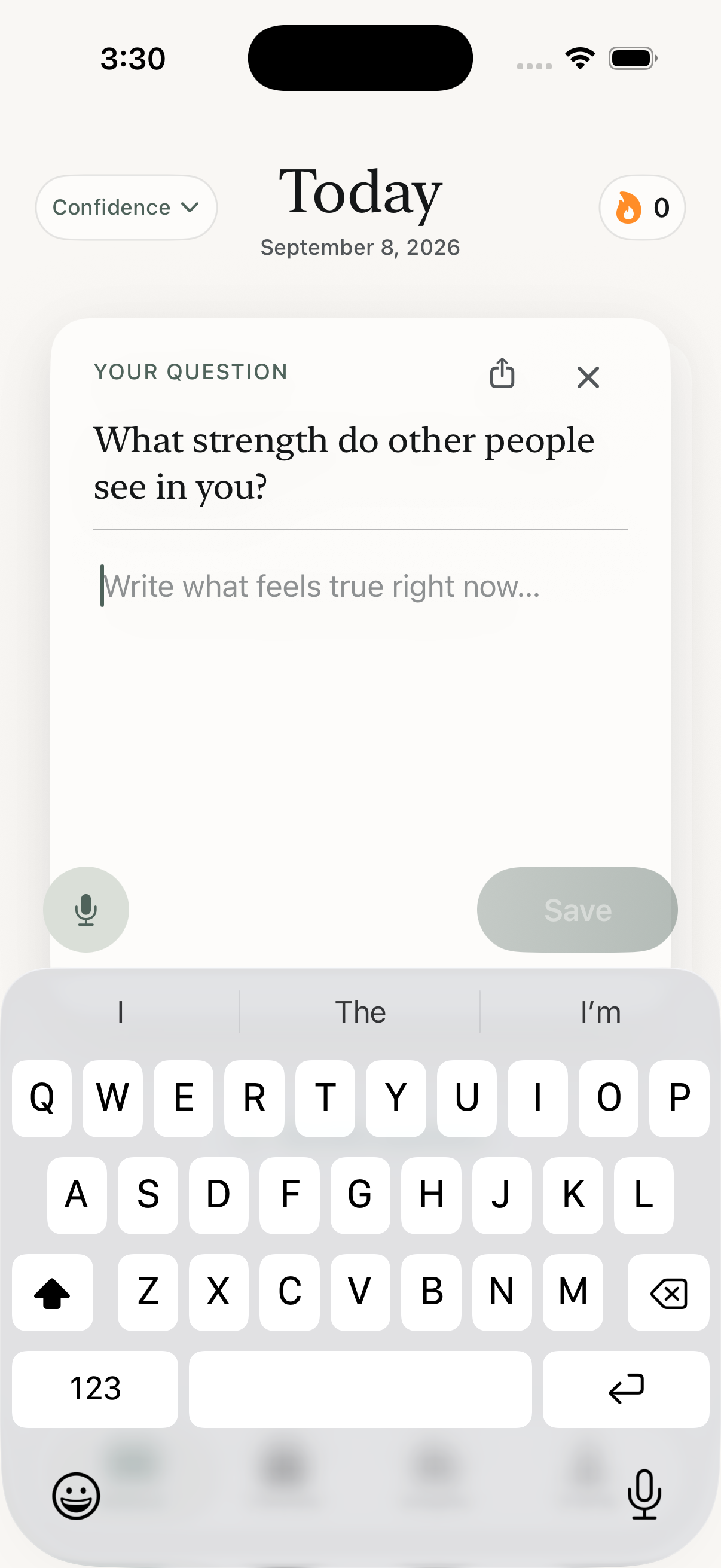 Honestly app Today screen with a reflection response in progress
