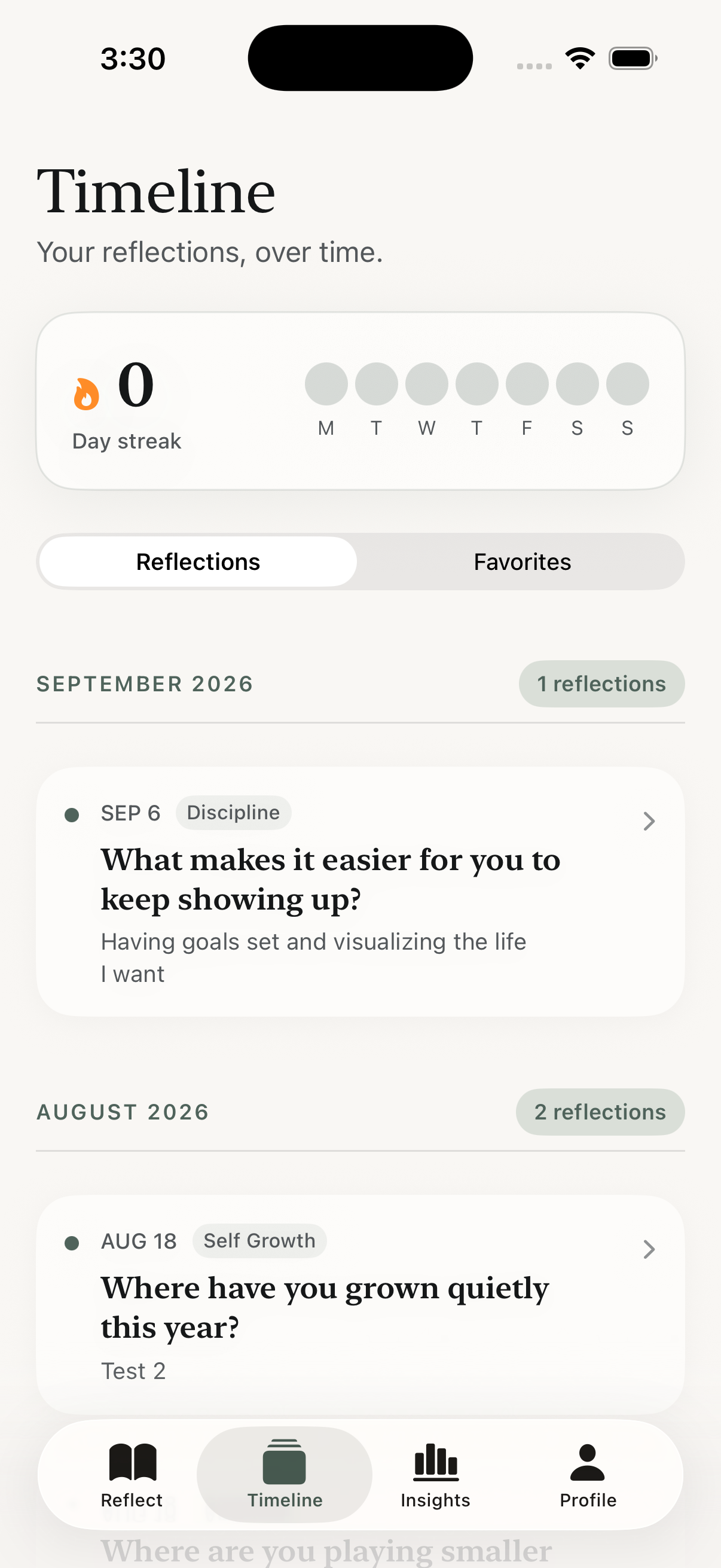 Honestly app Timeline showing saved reflections